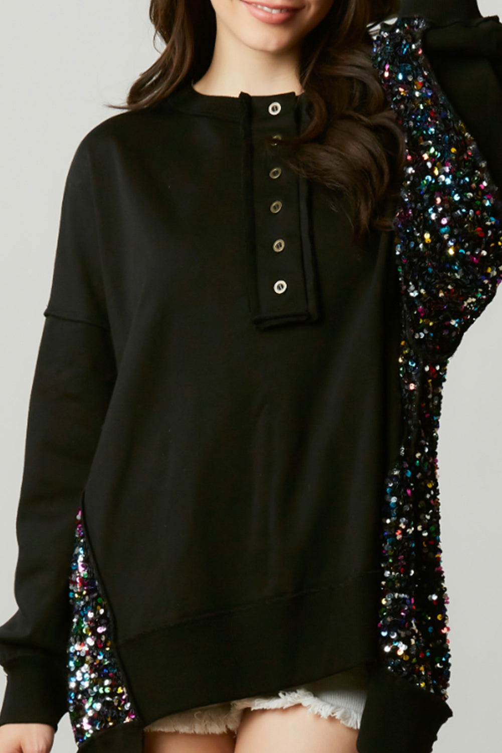 Sequin Patchwork Henley Sweatshirt