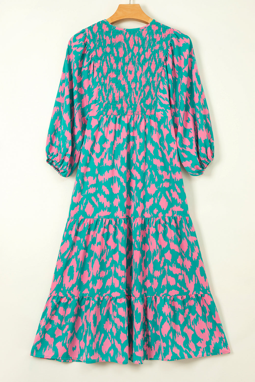 Abstract Print Puff Sleeve Smocked V Neck Maxi Dress