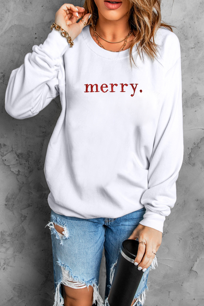 Beige Merry Graphic Embroidered Crewneck Sweatshirt