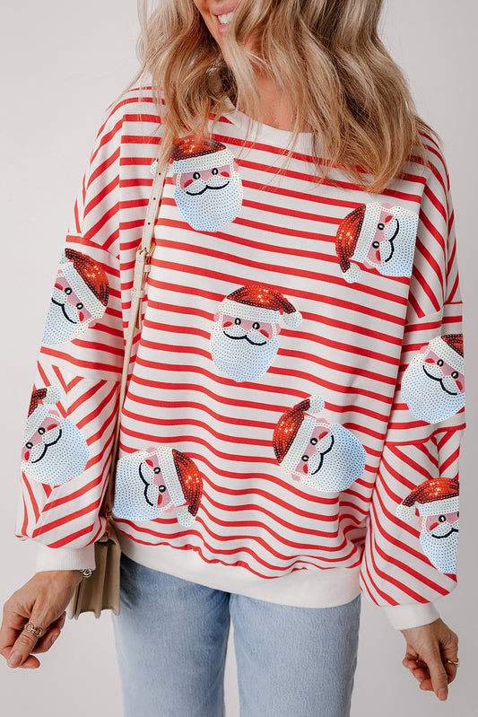 Stripe Santa Claus Sequins Loose Fitting Sweatshirt