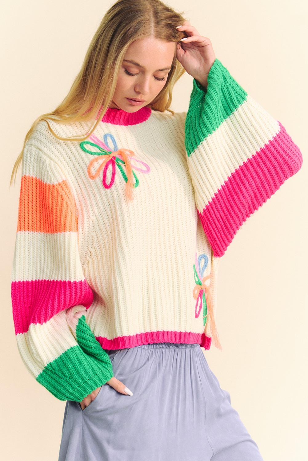 Flower Colorblock Puff Sleeve Sweater