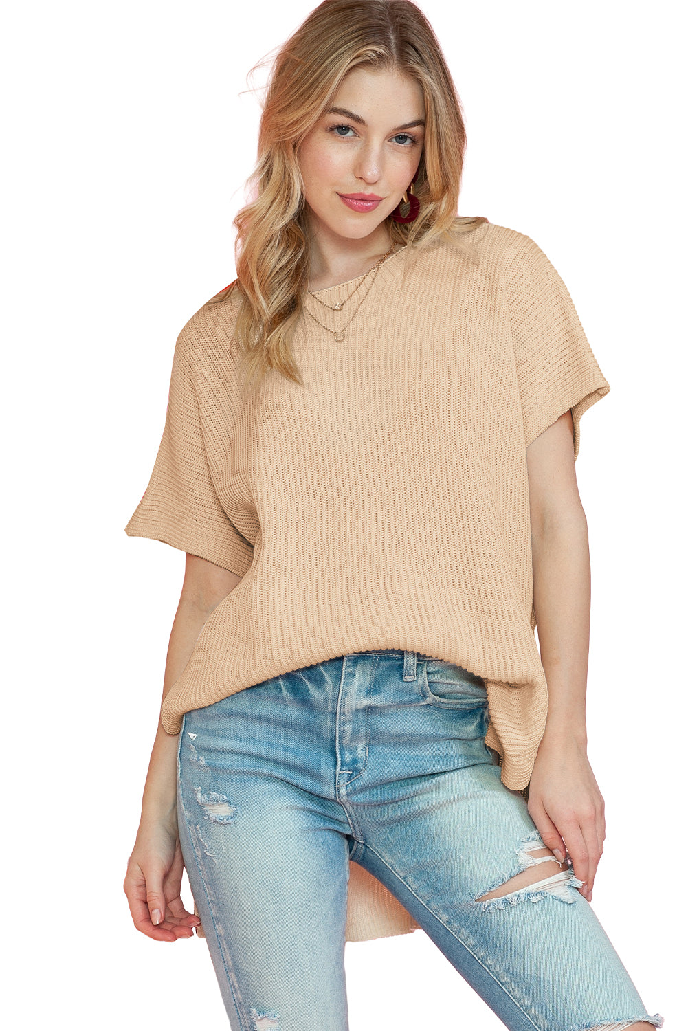 Side Slit Short Sleeve Oversized Sweater