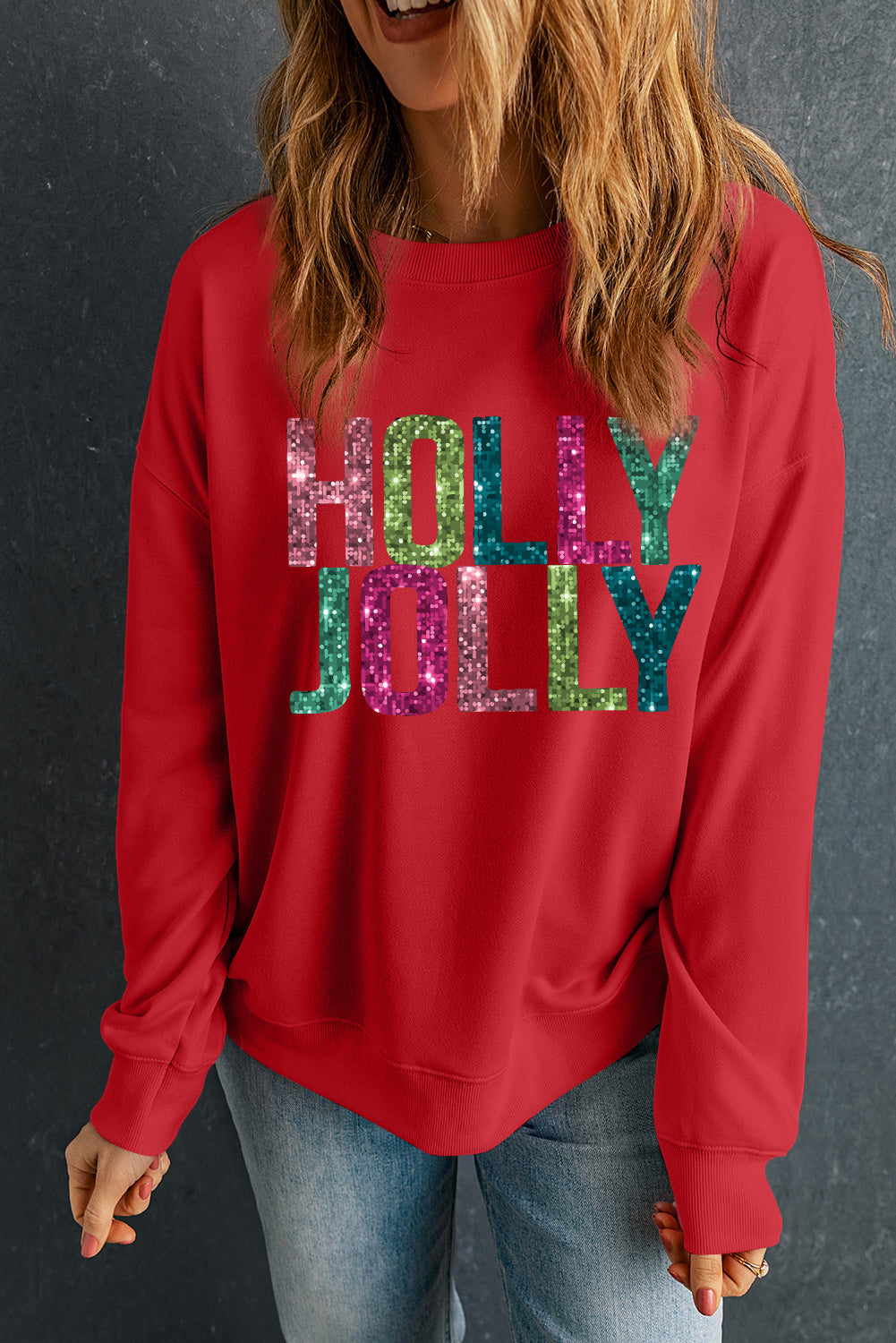 Glittering HOLLY JOLLY Graphic Christmas Pullover Sweatshirt