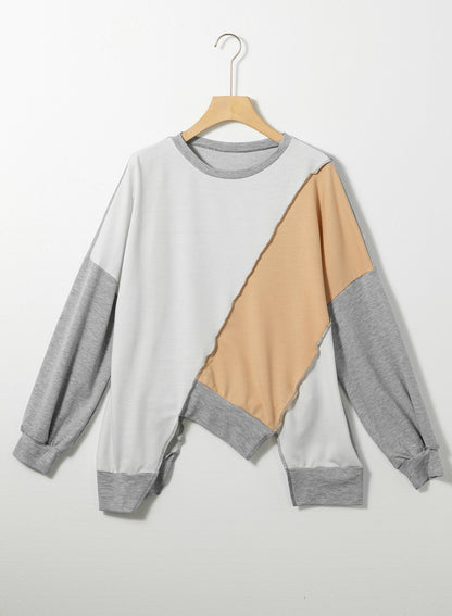 Khaki Colorblock Stitching Irregular Hem Long Sleeve Top