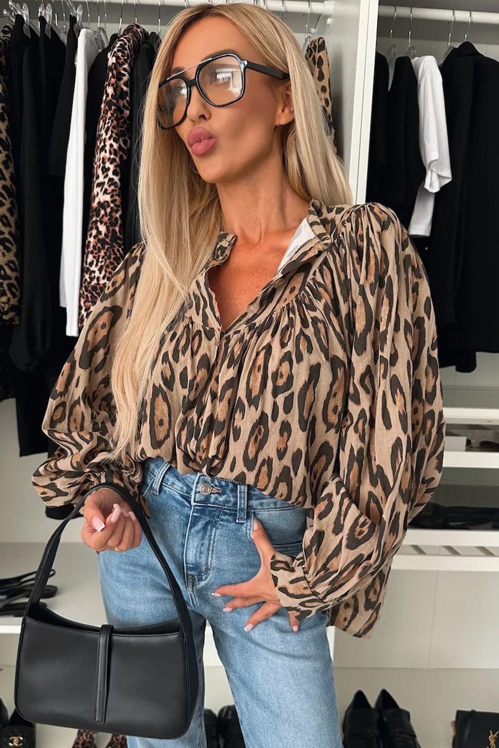 Light French Beige Leopard Print Balloon Sleeve Loose Blouse