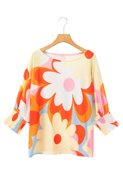 Yellow Colorful Floral Print Ribbed Dolman Blouse