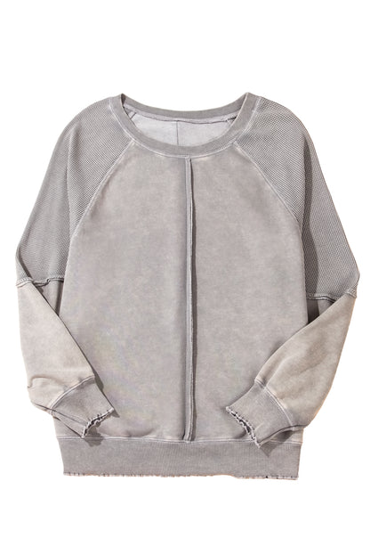 Orchid Petal Waffle Patchwork Raglan Sleeve Exposed Seam Sweatshirt