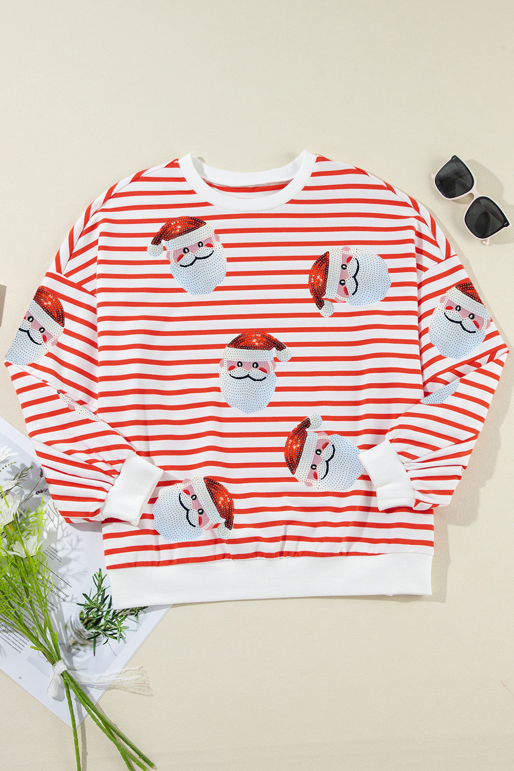 Stripe Santa Claus Sequins Loose Fitting Sweatshirt