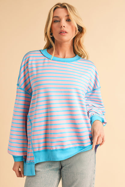 Pink Stripe Contrast Trim High Low Tunic Sweatshirt