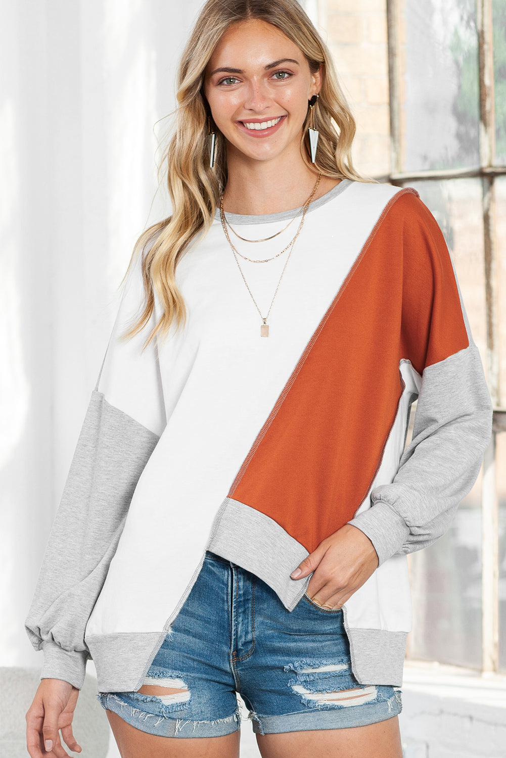 Khaki Colorblock Stitching Irregular Hem Long Sleeve Top