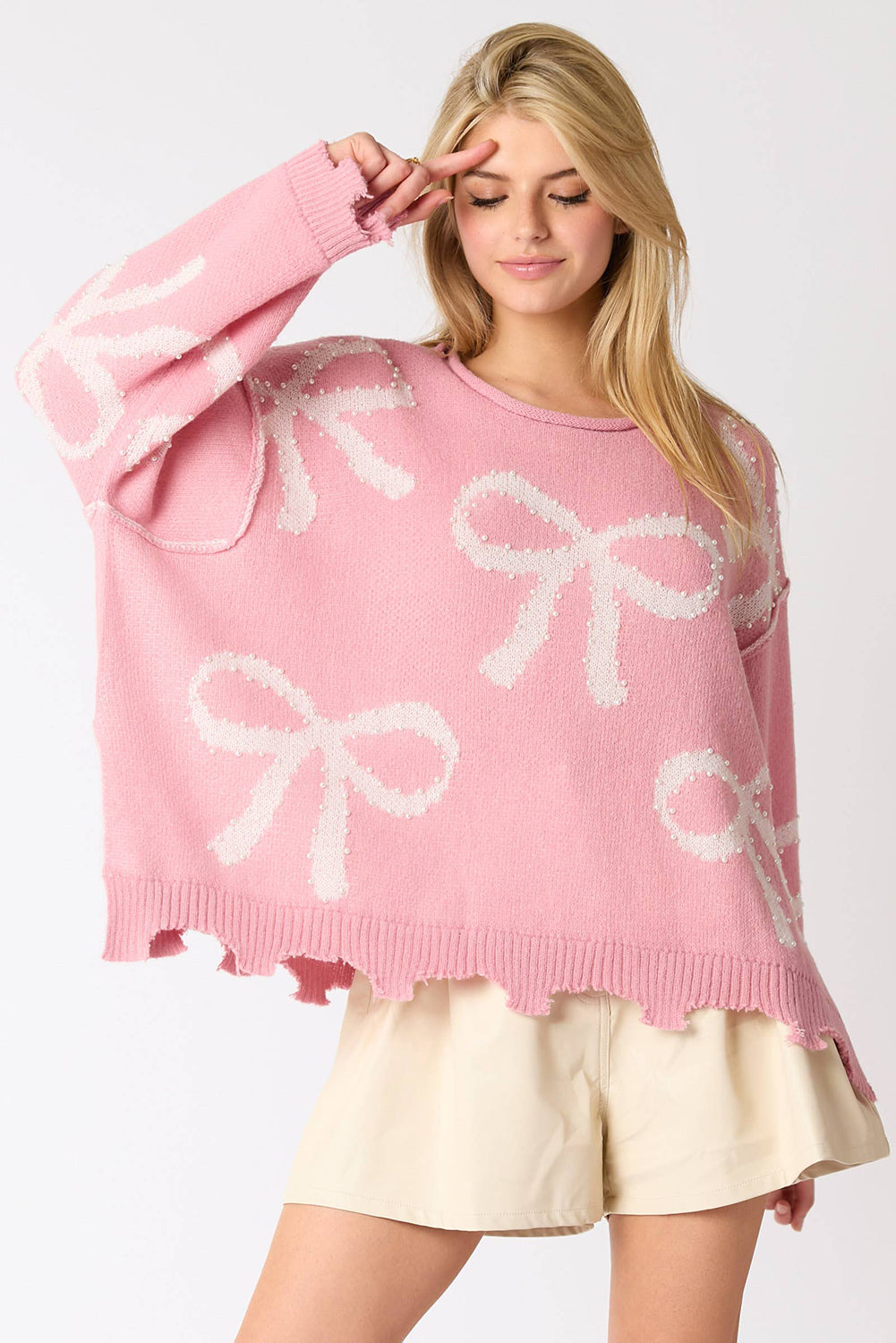 Pink Bow Pattern Pearl Embellished Raw Hem Sweater