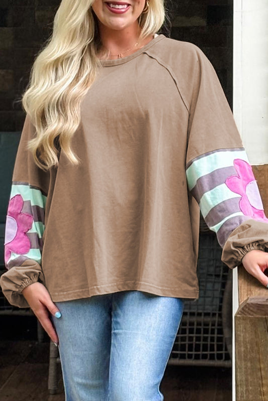 Flower Striped Patchwork Sleeve Plus Size Sweatshirt