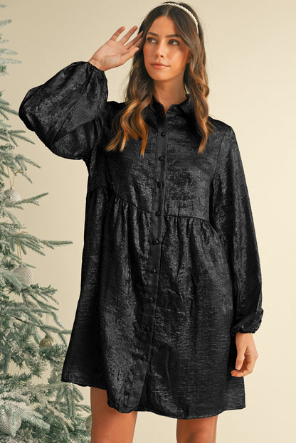 Metallic Sheen Puff Sleeve Button Up Mini Shirt Dress