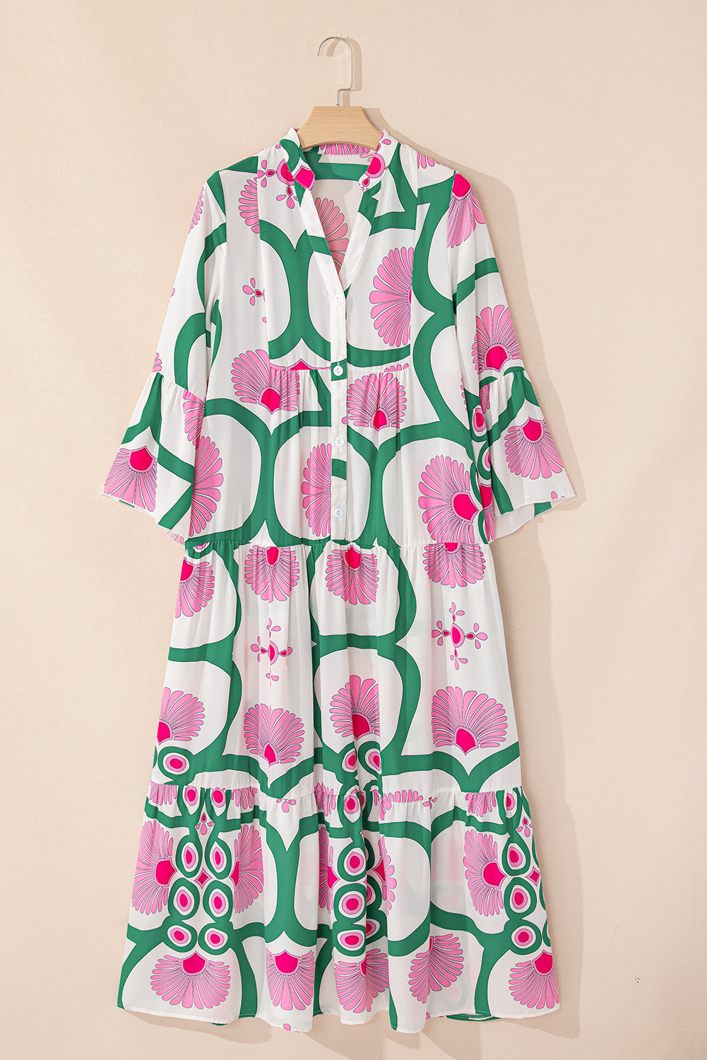 Boho Abstract Button V Neck Oversized Maxi Dress