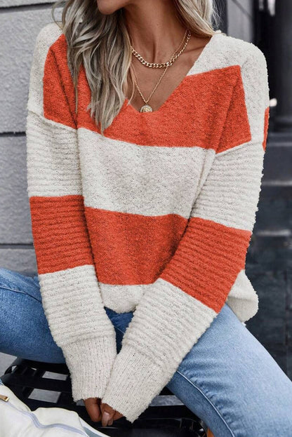 Orange Colorblock V Neck Side Slits Sweater