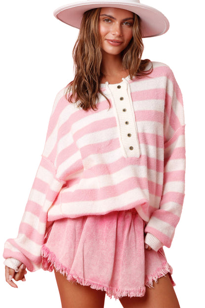 Pink Striped Drop Sleeve Henley Sweater