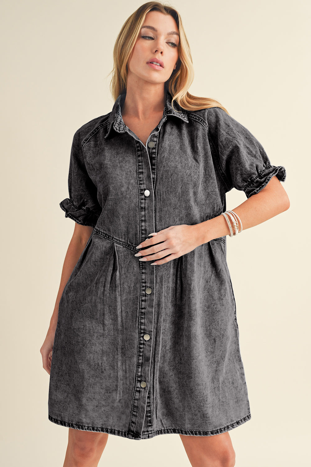 Medium Grey Mineral Washed Ruffled Short Sleeve Pocketed Denim Dress