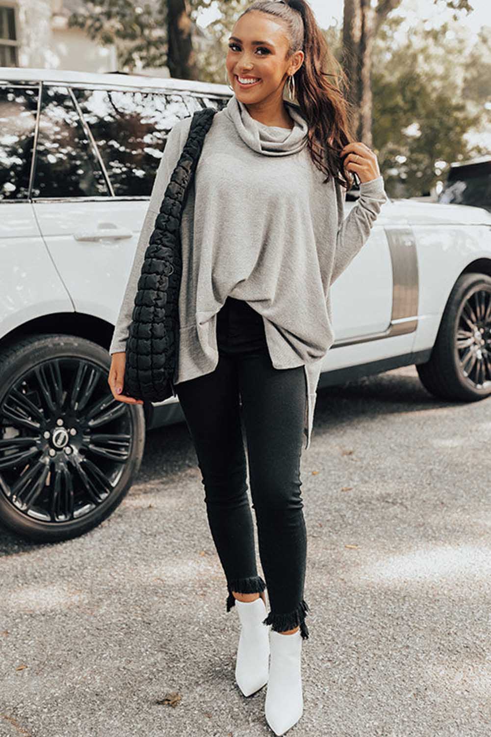 Gray Cowl Neck Loose Fit Tunic Top