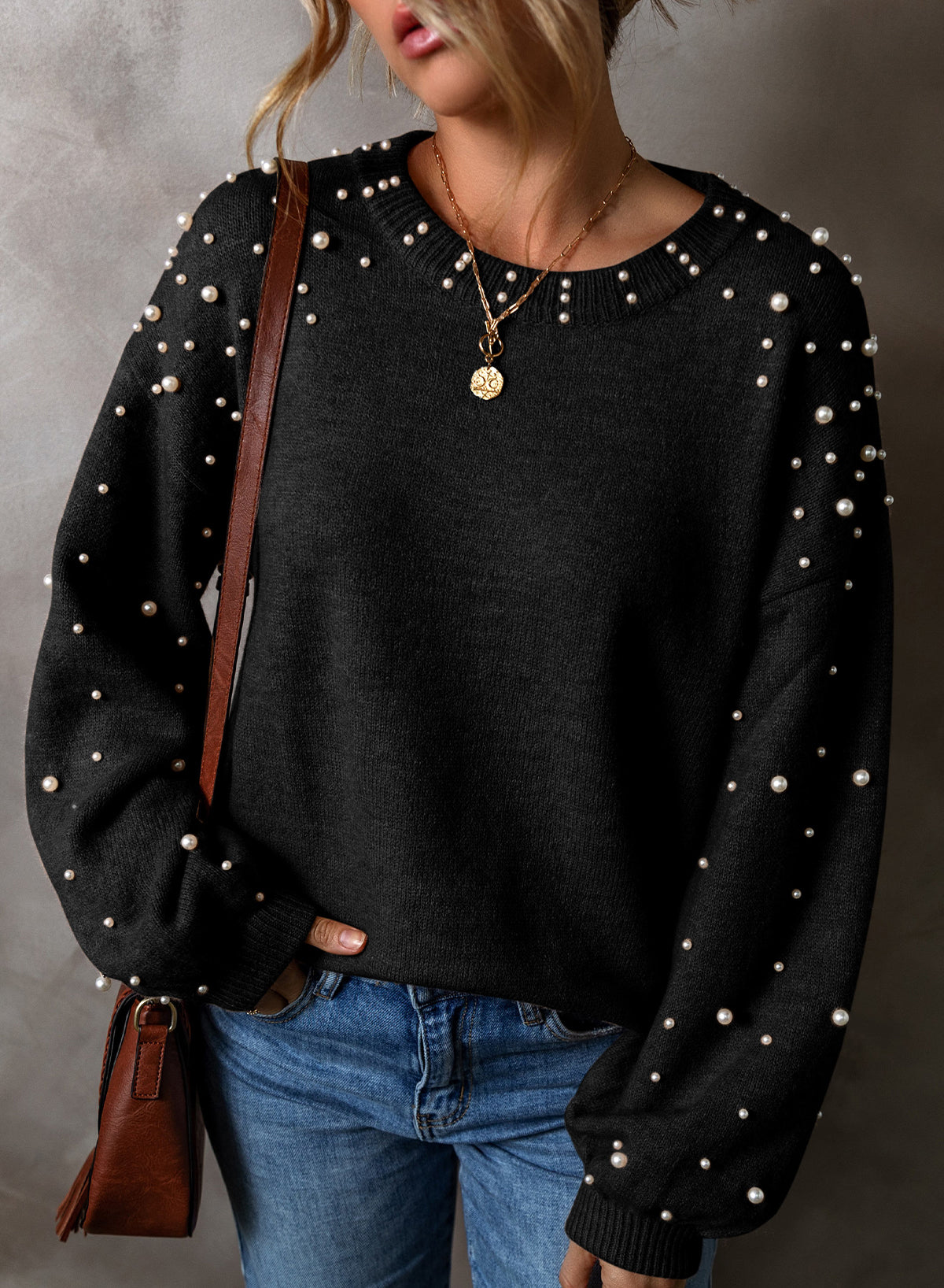 Smoke Gray Pearl Drop Shoulder Round Neck Sweater