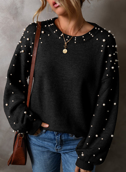 Smoke Gray Pearl Drop Shoulder Round Neck Sweater