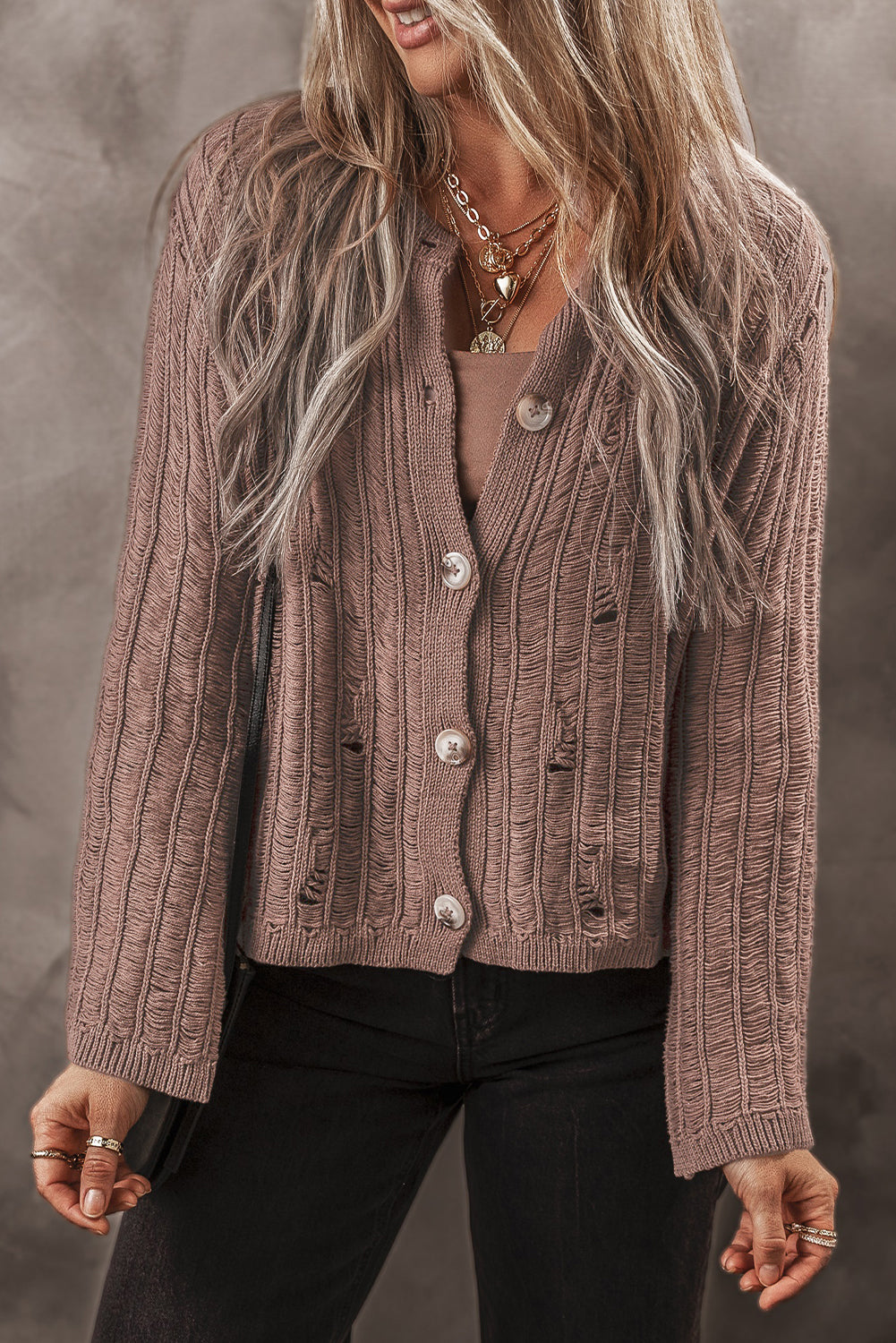 Goat Cut Out Textured Knit Button Front Cardigan