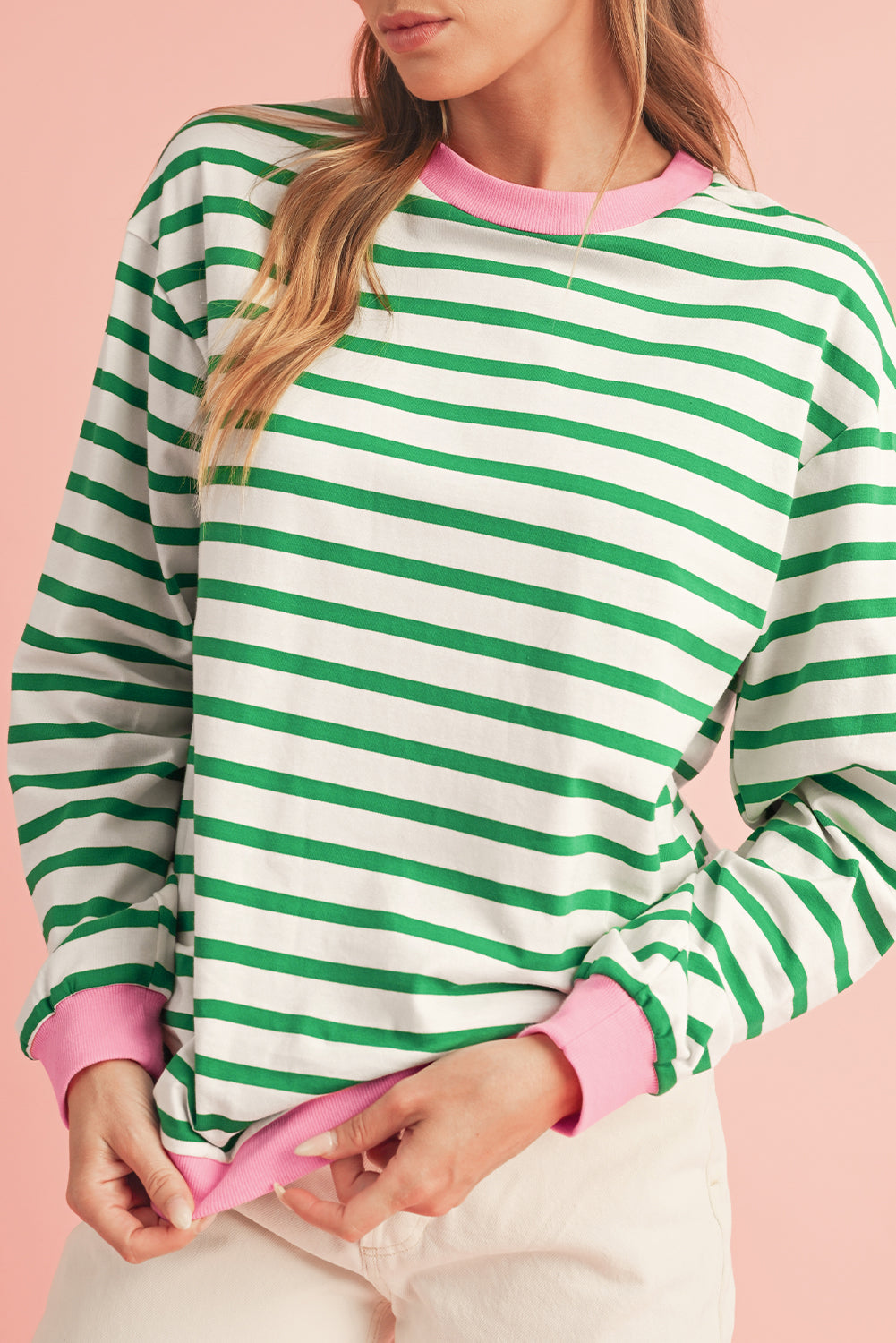 Bright Green Striped Contrast Trim Long Sleeve Top