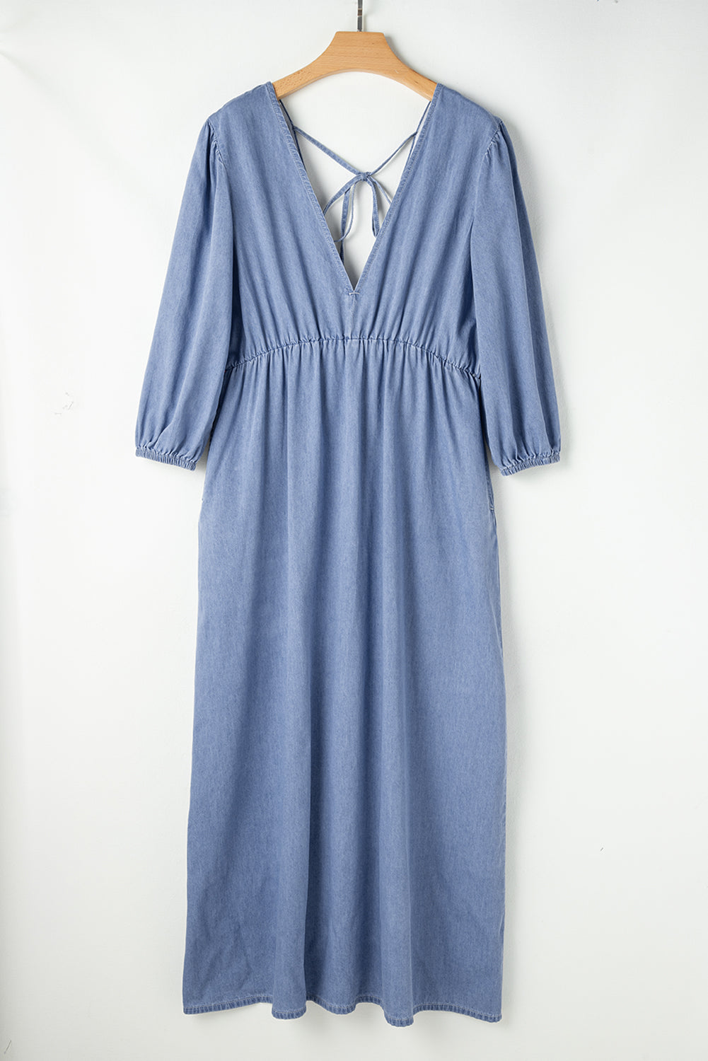 Chambray Deep V Neck Bracelet Sleeve Maxi Dress