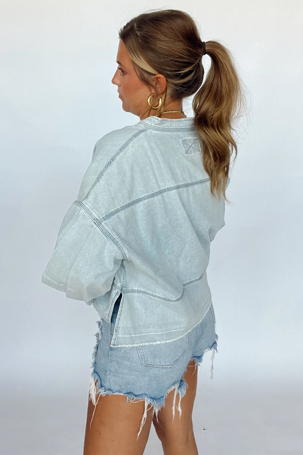 Light Wash Puff Sleeve V Neck Denim Blouse