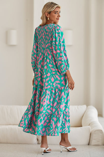 Abstract Print Puff Sleeve Smocked V Neck Maxi Dress