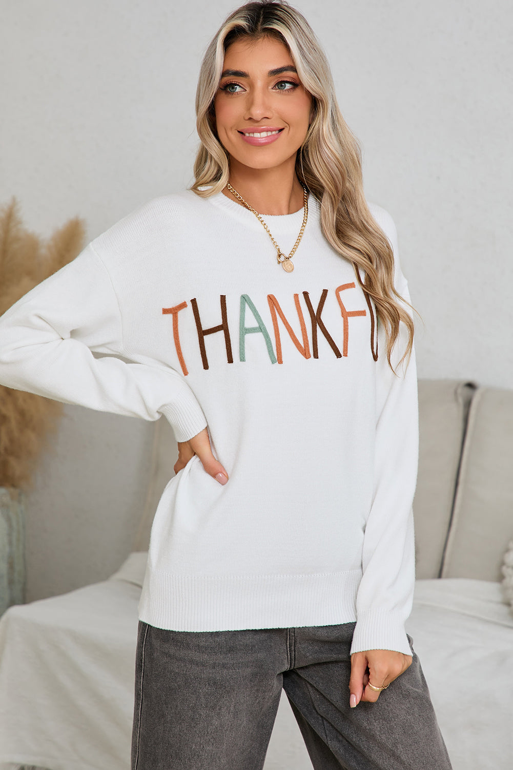 Thankful Ivory Embroidered Sweater