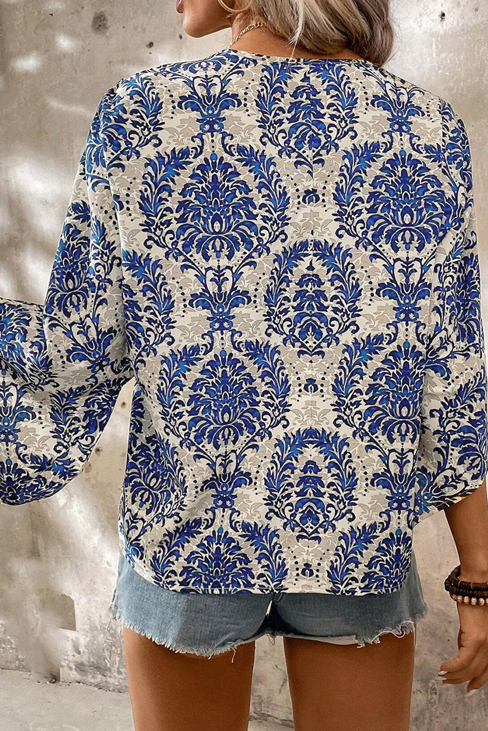 Blue Ethnic Print 3/4 Sleeve V Neck Plus Size Blouse