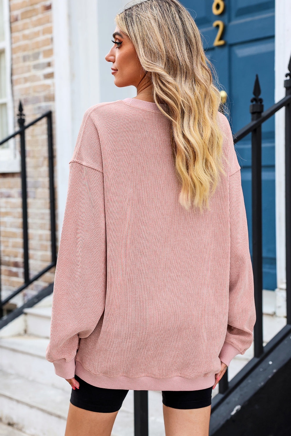 Ribbed Round Neck Drop Sleeve Pullover Sweatshirt