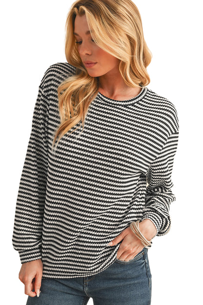 Khaki Stripe Round Neck Drop Shoulder Long Sleeve Top