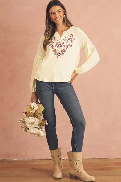 Apricot Paisley Floral Embroidered Notch V Neck Blouse