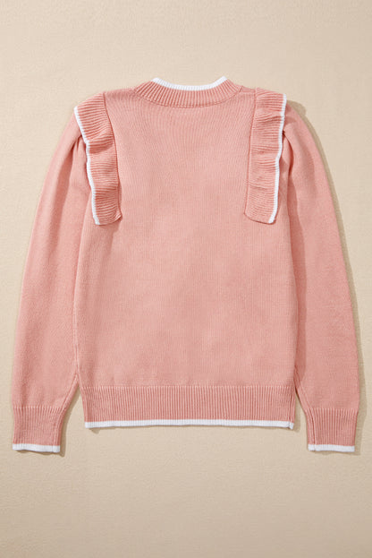 Light Pink Bow Detail Contrast Trim Ruffle Sweater