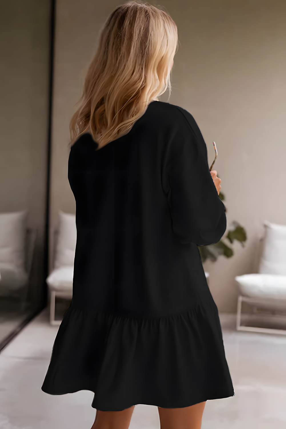 Black Solid Color Ruffle Hem Mini Sweatshirt Dress