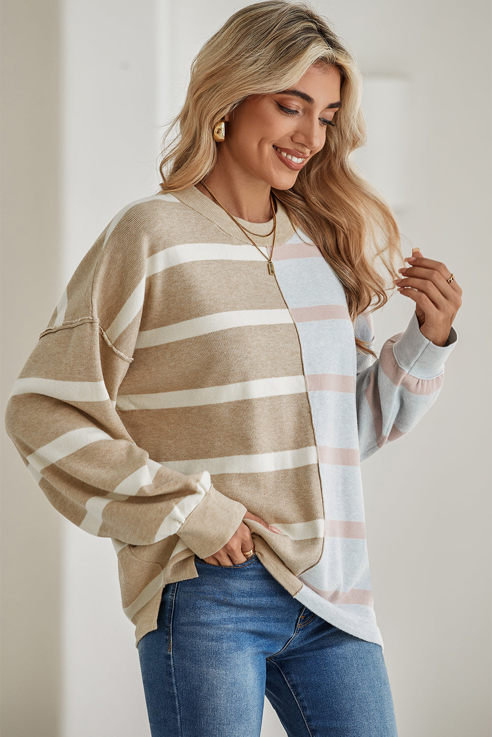 Light Beige Striped Colorblock Drop Shoulder Sweater